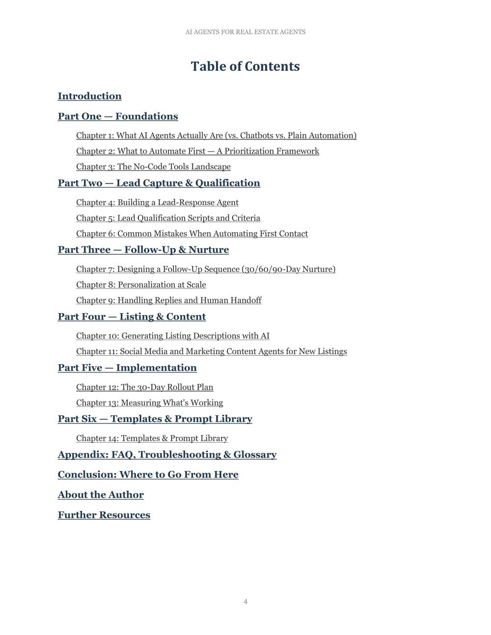 Table of contents — six parts, fourteen chapters